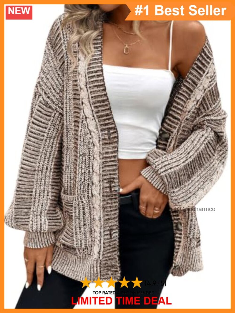Oversized Cable Knit Cardigan Open Front Sweater Coat with Pockets
